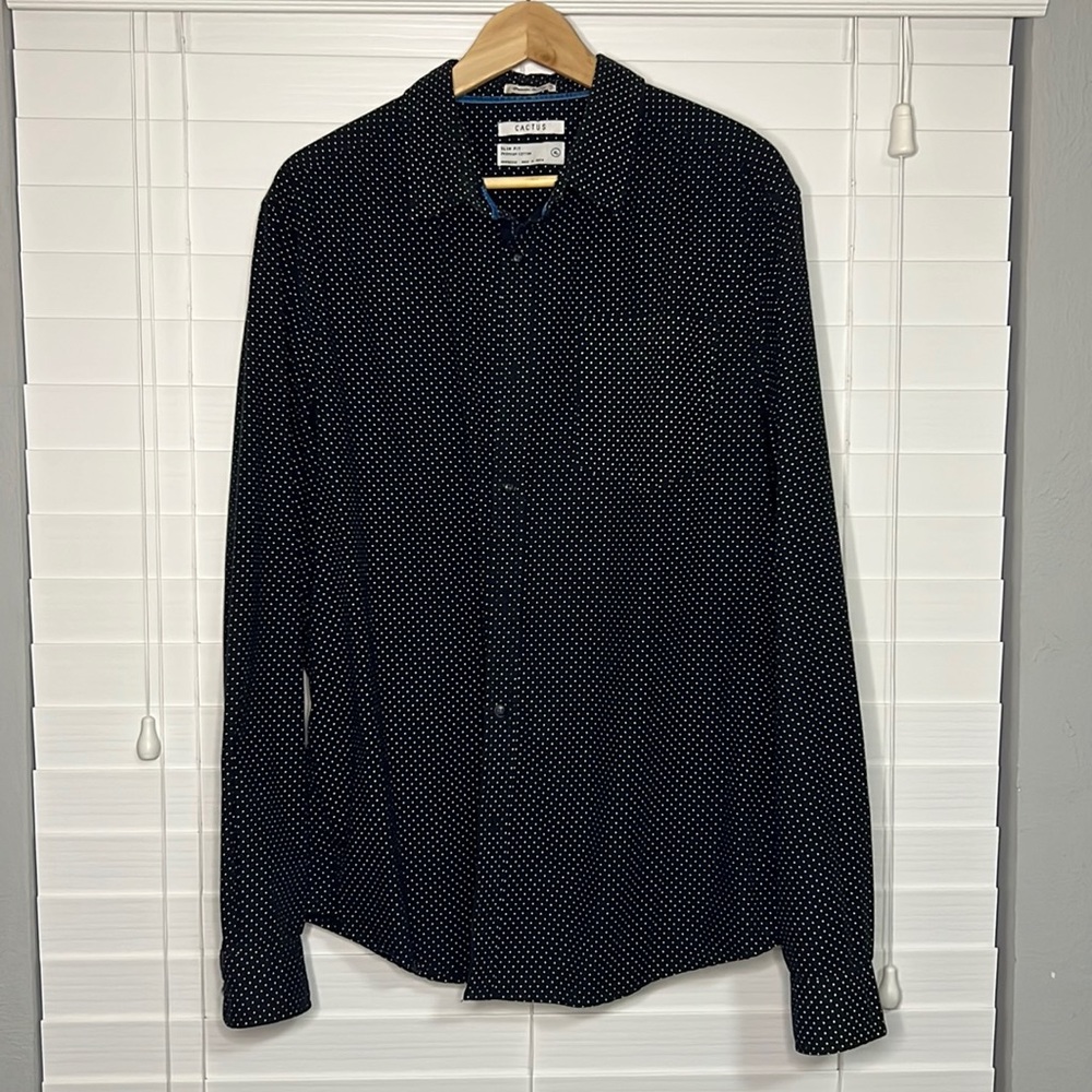 XL Black Button Down Shirt with White Polka Dots
